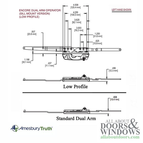 Dual Arm Low Profile Casement window operator for Weather Shield windows Dimensions